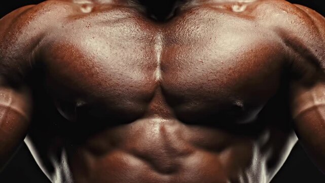 sternum and chest muscles as left-right balance subtly oscillates, highlighting symmetry, tension and internal equilibrium with a micro push-in perspective emphasizing structural precision