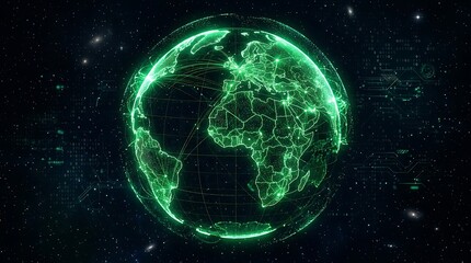Fototapeta premium Digital earth network connection glowing green abstract technology background with constellations and stars