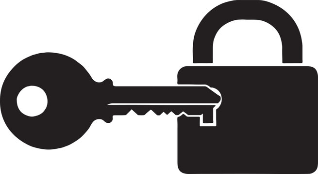 Silhouette of a padlock with a key inserted black graphic on white background access granted access denied security silhouette protection isolated confidential password encryption