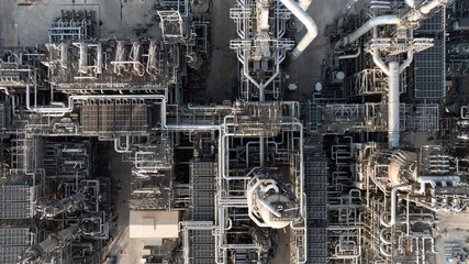 Drone shot of industrial oil and gas refinery infrastructure in Chonburi eastern seaboard. © Nutchanart