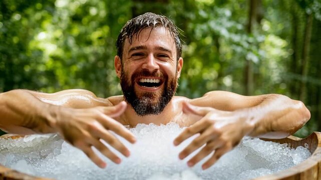 A bearded man laughs and splashes in a wooden ice bath surrounded by lush green trees outdoors.