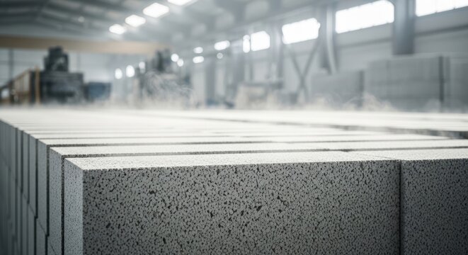 Autoclaved aerated concrete blocks stacked inside factory production facility with vapor