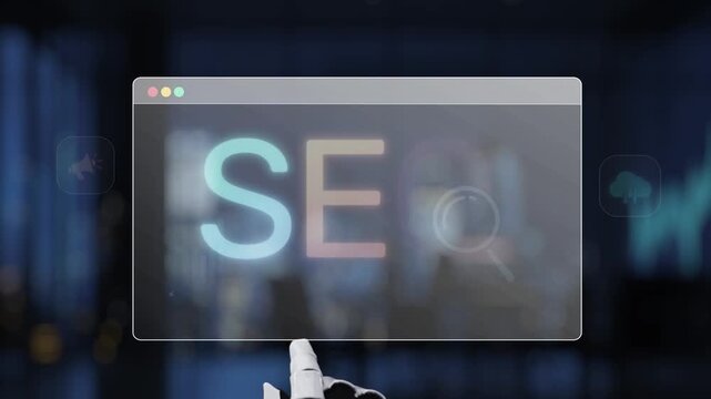 A robotic hand is engaged with a digital screen highlighting vibrant SEO text and analytics visuals, symbolizing the integration of technology and marketing strategies. Synapse