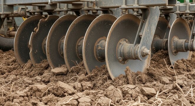 disc harrow plowing soil in farm field preparing land for planting machinery
