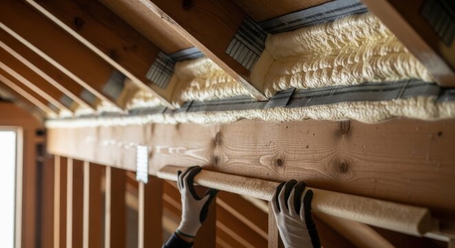 construction worker applies foam insulation under wooden roof beam for energy saving