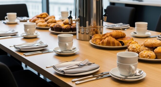 Croissants coffee cups and forks arranged on table for meeting breakfast setting