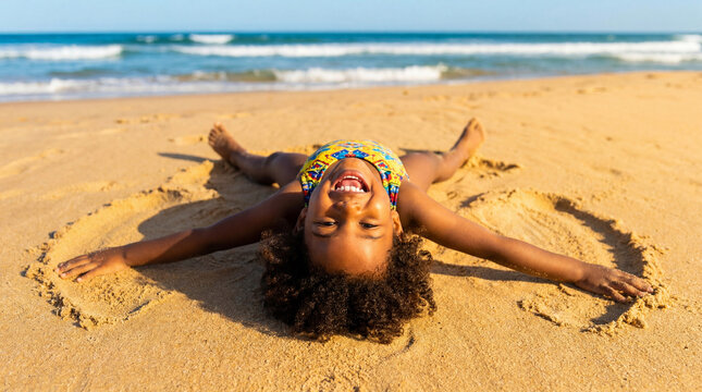 Summer beach toddler girl making sand angel with arms spread laughing enjoying creative vacation for children family lifestyle travel content design