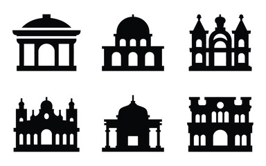 Six black silhouettes of cultural and historical buildings showcasing architectural diversity with domes arches and towers © Parthokumar