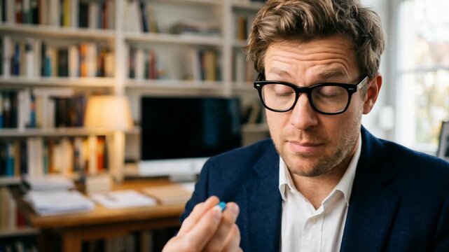 Thoughtful adult male, serious, focused, examining small object with diligent curiosity. Professional man contemplating health solutions, problem solving. Intellectual close up