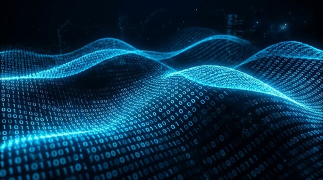Abstract digital landscape of glowing blue binary code flowing like waves in a futuristic technological data stream concept
