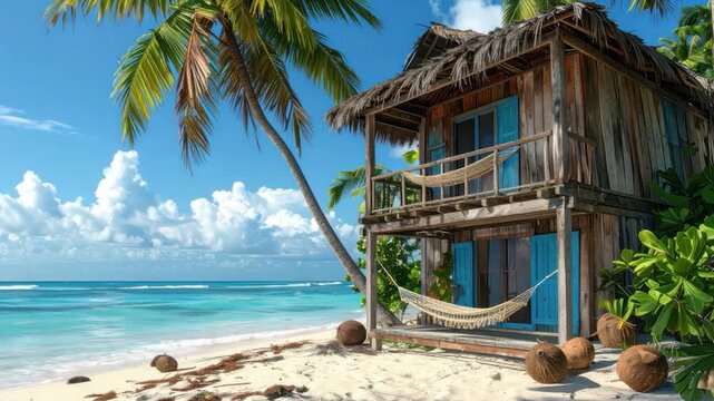 Tropical two-story beachside cabin with hammocks, palm trees, and coconuts