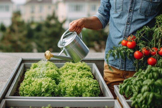 Close up of gardener watering fresh green lettuce in raised garden bed on rooftop with tomato plants nearby. High quality photo