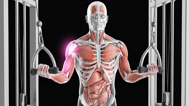 Anatomical male figure performing cable machine exercise highlighting shoulder and pectoral muscle activation in a gym setting