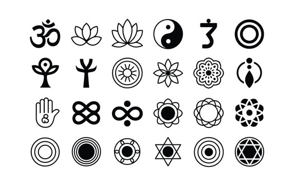 Collection of various spiritual and sacred symbols on white background