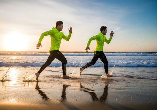 Two men jogging on wet beach at sunset
