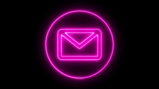 Glowing neon pink envelope within a circular outline on a stark black background representing digital communication and messaging services