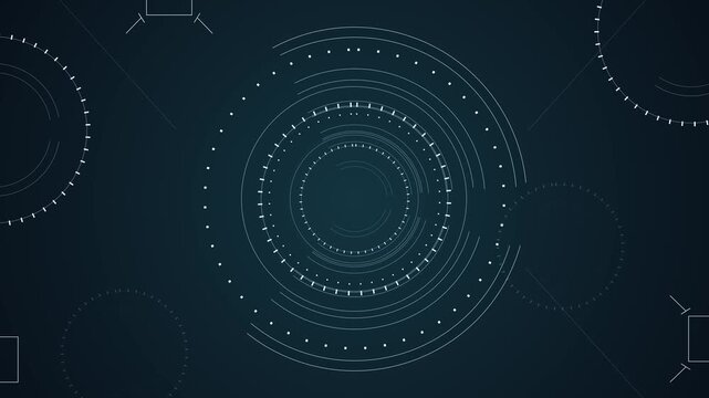 Minimal circular HUD interface white rings, teal tech background, dotted markers, radar style geometry. for science videos, data dashboards, futuristic screens, software demos, and motion overlays.