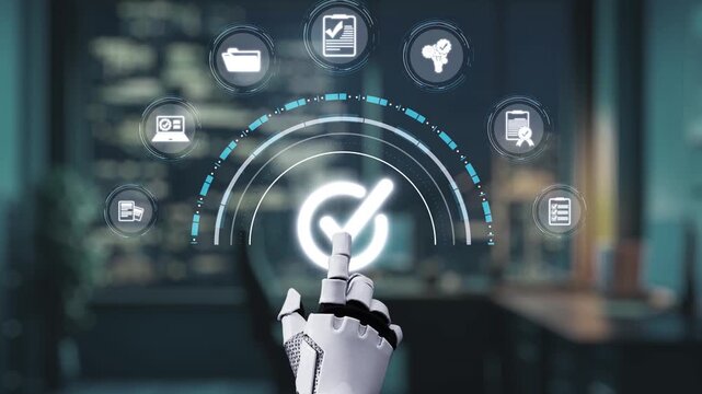 A robotic hand reaches towards a virtual interface with glowing icons, symbolizing the integration of technology into the modern workplace for enhanced productivity and efficiency. Auvana