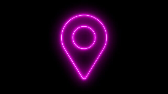 Luminous magenta neon map pin with a dark background signifying a precise geographical marker for digital interfaces