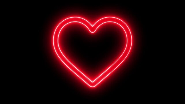 Vibrant red neon heart outline glowing brightly against a stark black background creating a bold and expressive symbol of love and passion digital and romantic themes