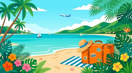 Obraz premium tropical beach vacation getaway with travel essentials and airplane flying over paradise