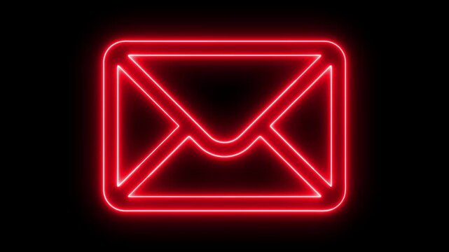 Bright red neon outline of an email envelope glowing on a black background digital