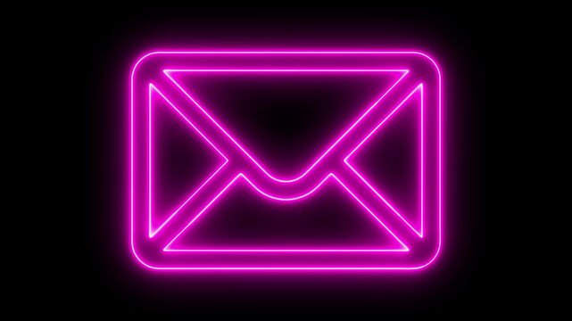 Vivid magenta neon outline of an email envelope illuminated on a black background digital glow