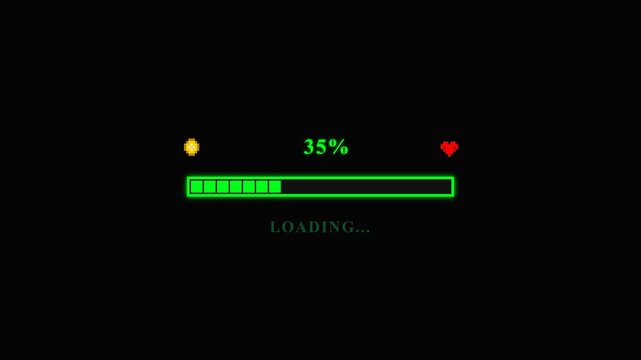 Retro Pixel Loading Bar Animation with Color Changing Cycle from 0 to 100 Percent on Black Background