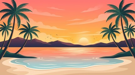 Fototapeta premium tropical sunset beach illustration with palm trees and vibrant orange sky for summer vacation