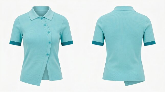 Women's mint green polo shirt featuring a unique asymmetrical button-down closure and ribbed texture. Elegant and modern short-sleeve top for professional or casual wear, front and back view.