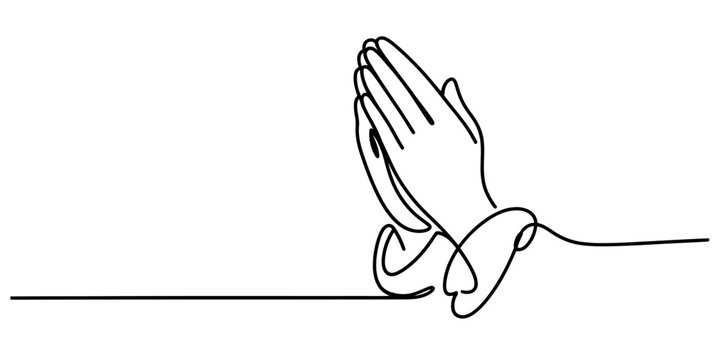Continuous one line drawing of praying hands together isolated on white background, Vector, illustration
