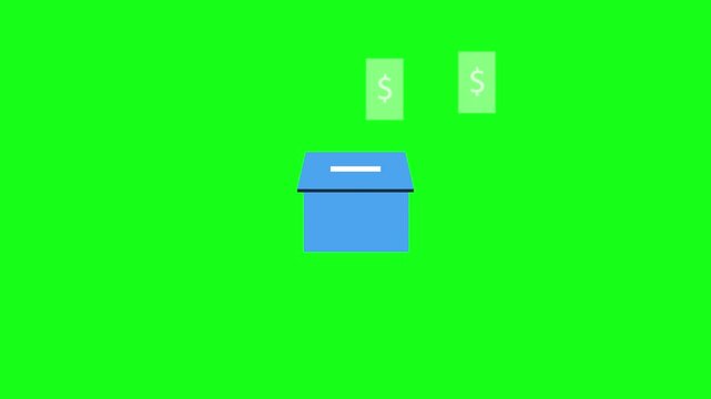 Blue charity box symbol icon, putting banknotes into the charity box. 4k resolution video