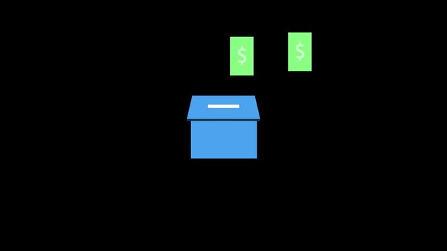 Blue charity box symbol icon, putting banknotes into the charity box. 4k resolution video
