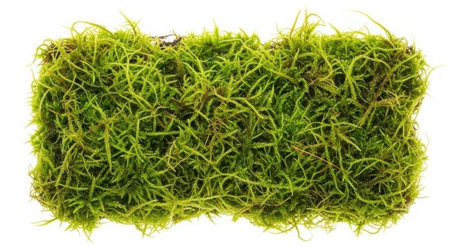 Close-up of a dense patch of green moss on a white background with plant life