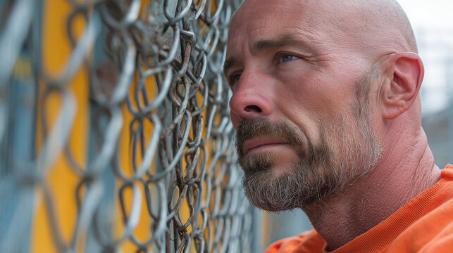 Pensive prisoner in orange uniform standing beside chain link fence outdoors