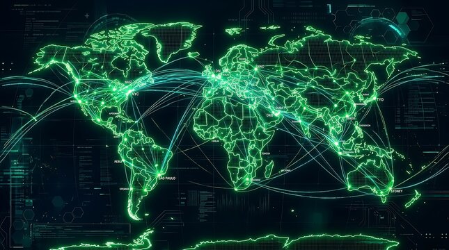 Global network connections visualizing international digital data flow across continents and oceans with glowing green lines on a dark background