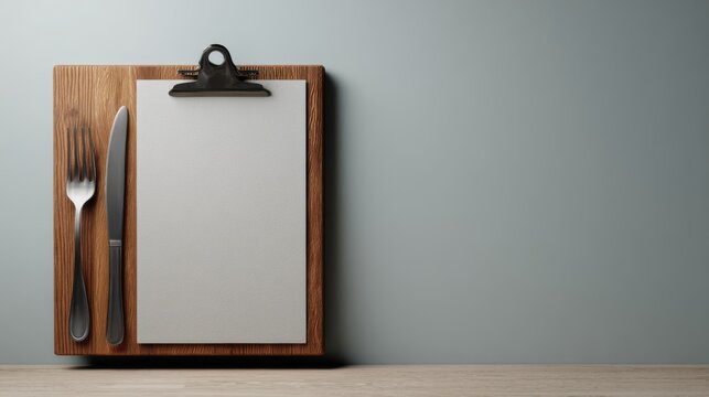 An empty menu on a wooden clipboard with a fork and knife, ready for the menu of the day
