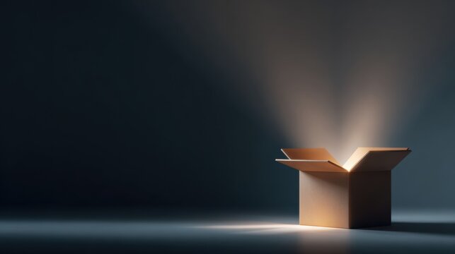 A mysterious cardboard box, radiating light, representing potential and wonder. The box is open, revealing a hidden source of illumination