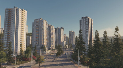 Naklejka premium Modern apartment towers along a tree-lined urban street in daylight