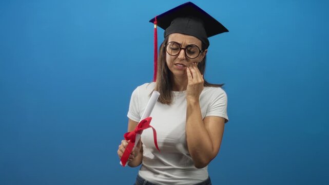 Young woman in graduation cap holding diploma with hand on cheek in studio, wearing round glasses and a wince while examining tooth; achievement uncertainty discomfort.