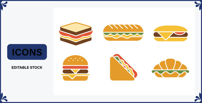 A set of six editable icons depicting various types of sandwiches and burgers  icons  fast food  flat design