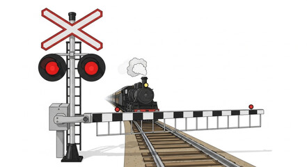 Vintage steam train crossing railroad tracks with warning signal. © Brengkel