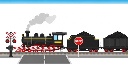 Vintage steam train with coal cars at railroad crossing. © Brengkel