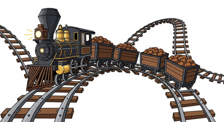 Vintage steam train with coal cars on tracks. © Brengkel