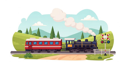 Vintage Steam Train with Red Passenger Cars on Tracks. © Brengkel