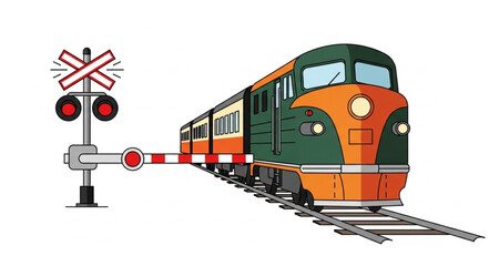 Vintage Train Approaching Railroad Crossing with Signal. © Brengkel
