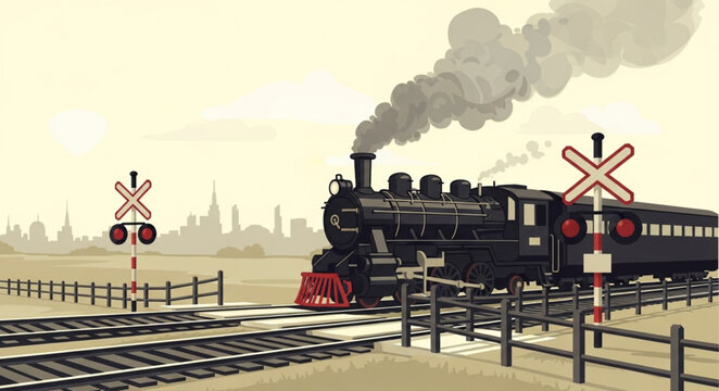 Vintage steam train crossing railroad tracks with smoke billowing.