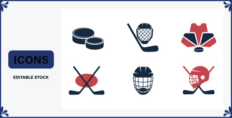 Ice hockey icons set with helmets sticks pucks and shields for sports design  various hockey equipment symbols © Badsha Mollik