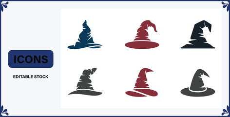 Six different colored wizard hat silhouettes in various styles and angles on white background  magic and fantasy symbols © Badsha Mollik