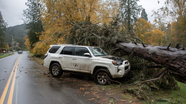 White SUV damaged by fallen tree on roadside after storm, road safety and insurance concept